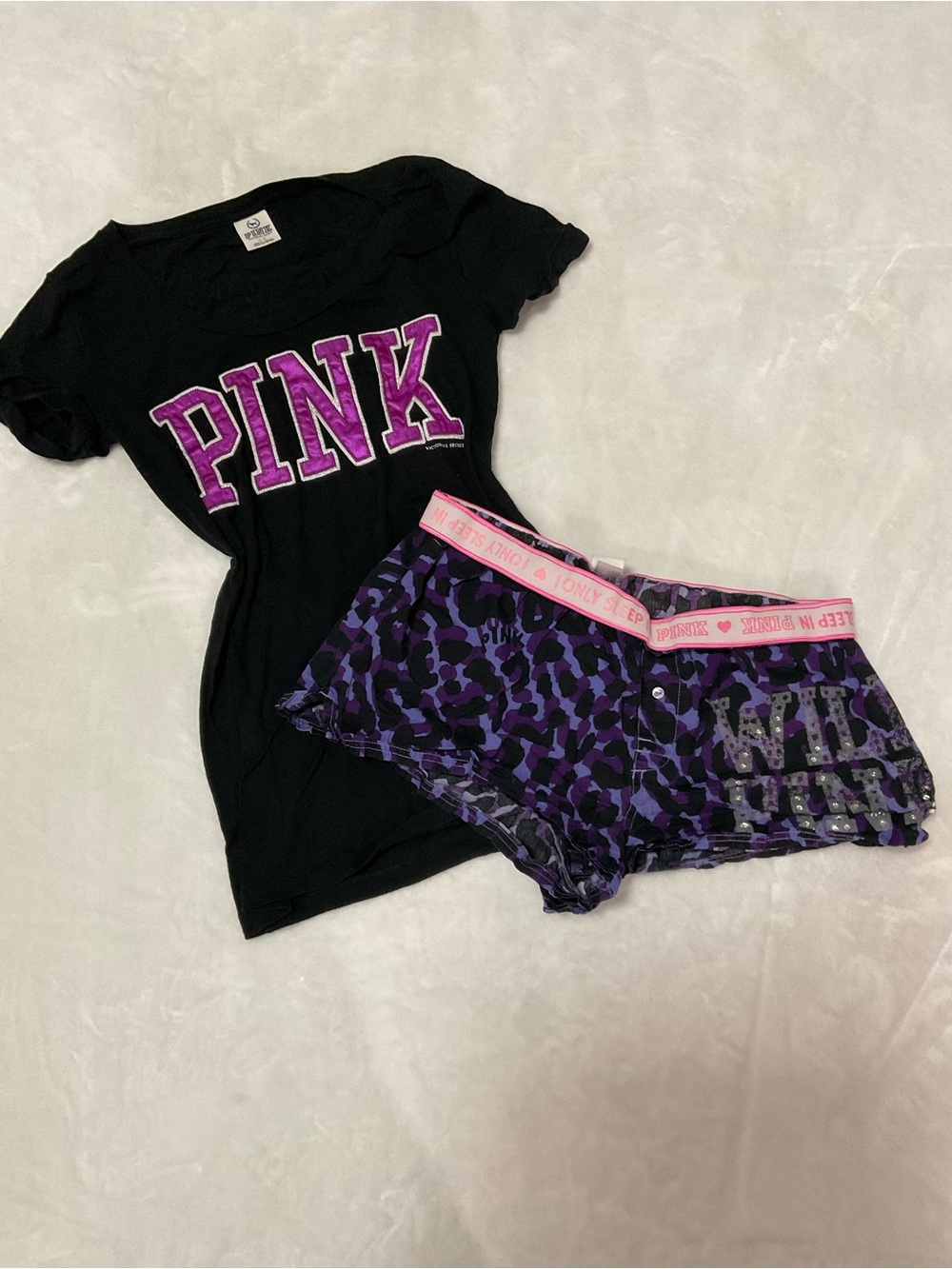 Vintage PINK Victorias Secret Black Tee & Purple Leopard Shorts Set